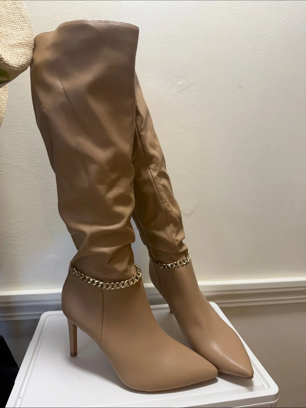 Express Tall Over-the-Knee Boots with Gold Chain Accent in Beige